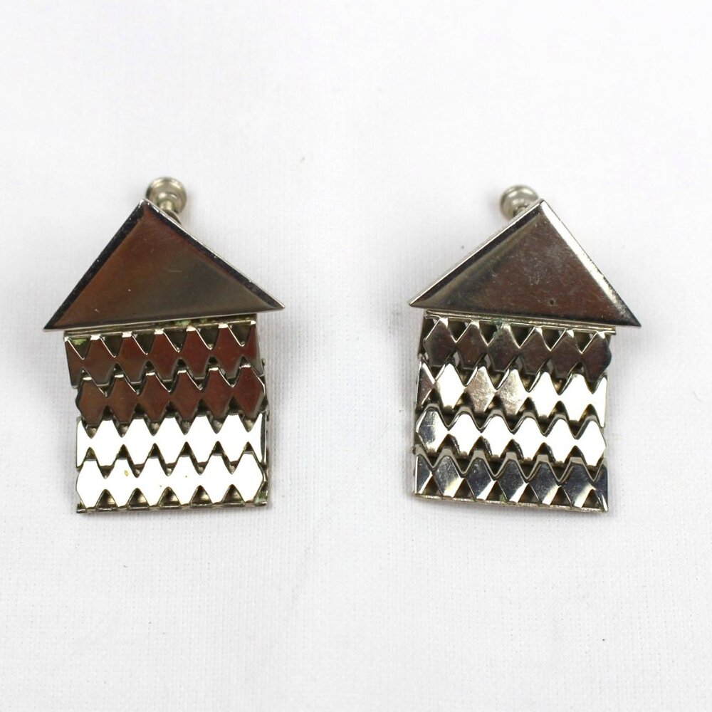 Vintage Silver Tone Triangle Link Screw Back Earrings
